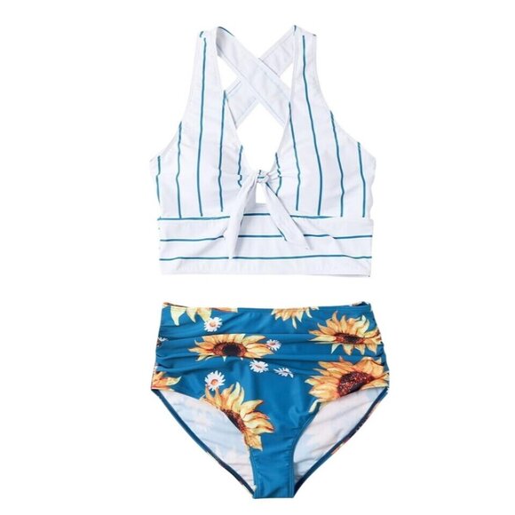 Shein Striped and Sunflower Print Bikini Set - Size Large - Picture 1 of 11